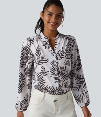 V Neck Long Sleeve Tropical Botanical Print Work Blouse