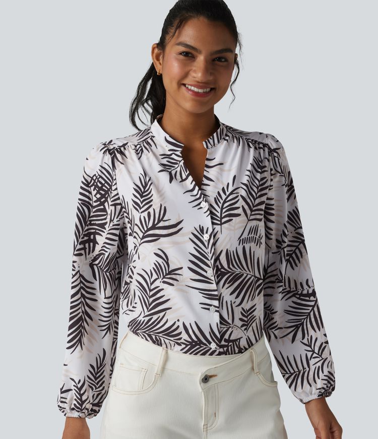 V Neck Long Sleeve Tropical Botanical Print Work Blouse