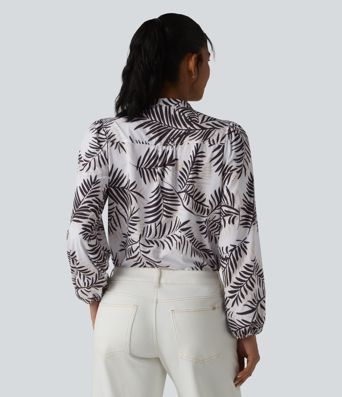 V Neck Long Sleeve Tropical Botanical Print Work Blouse