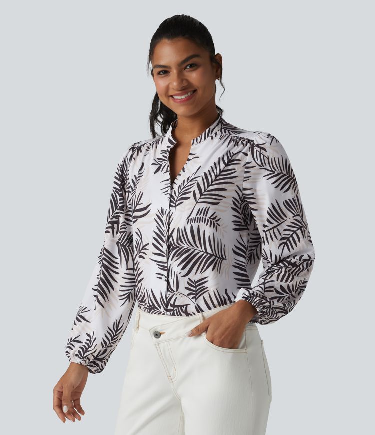 V Neck Long Sleeve Tropical Botanical Print Work Blouse