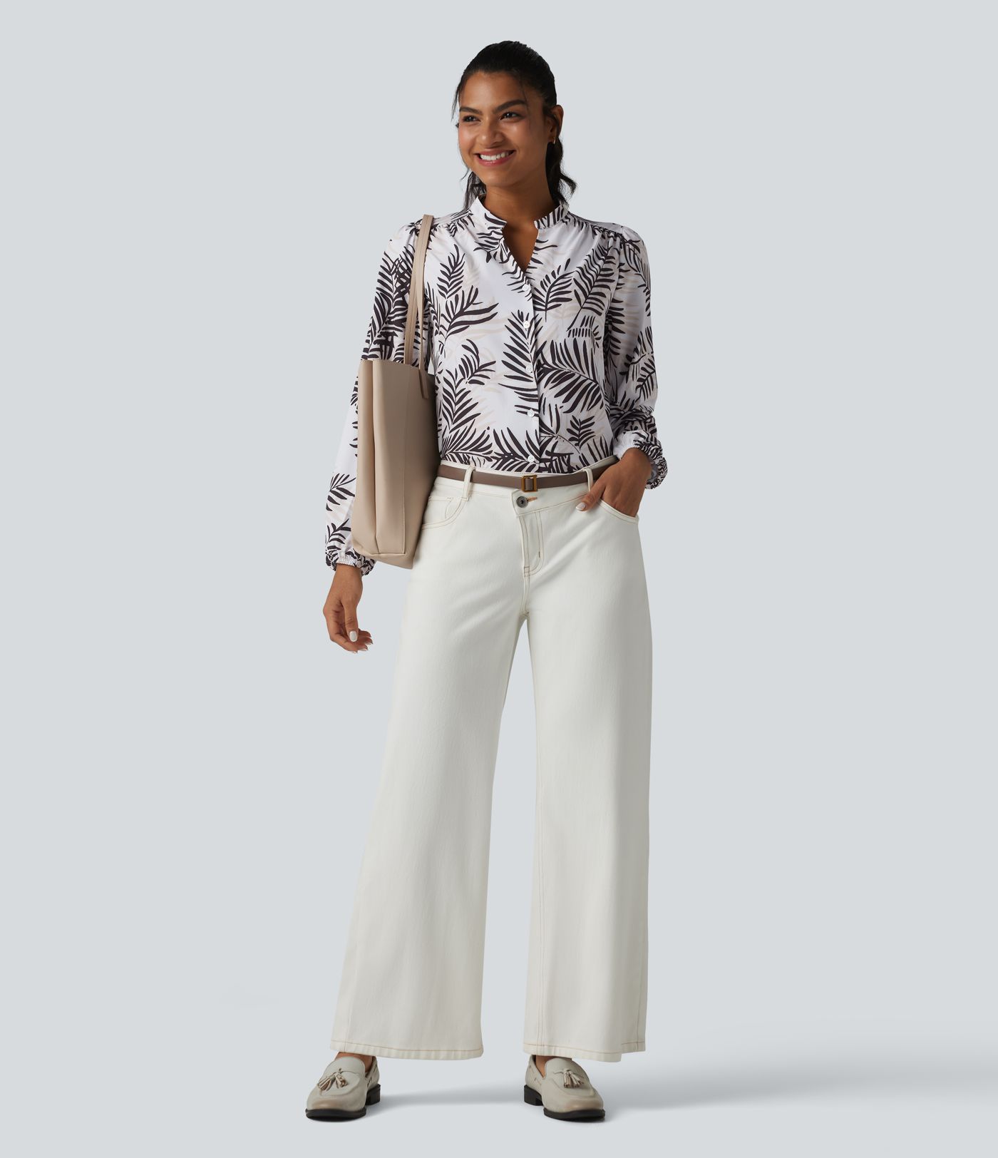 V Neck Long Sleeve Tropical Botanical Print Work Blouse