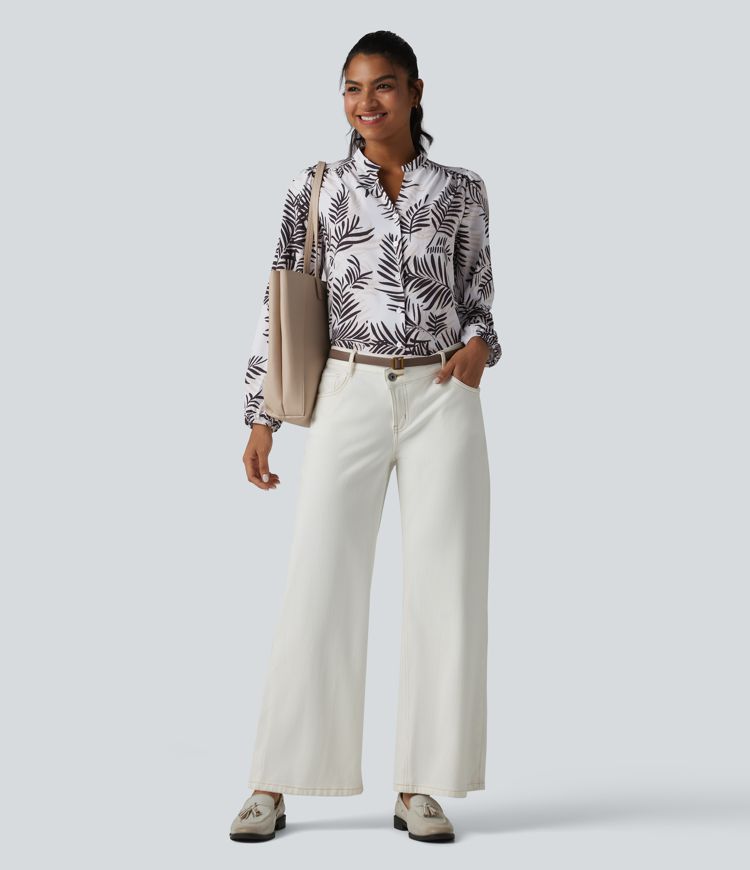 V Neck Long Sleeve Tropical Botanical Print Work Blouse