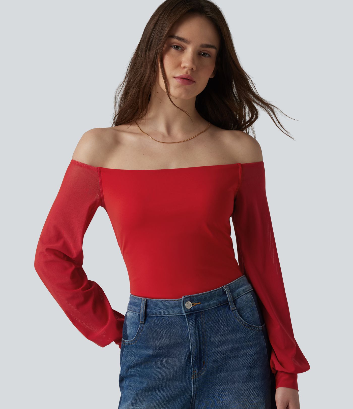 SoftlyZero™ Airy Off-Shoulder Long Sleeve Breathable Mesh Built-in Bra Cool Touch Casual T-Shirt-UPF50+