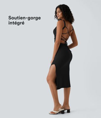 Robe midi casual laquée fendue, soutien-gorge intégré, dos nu croisé