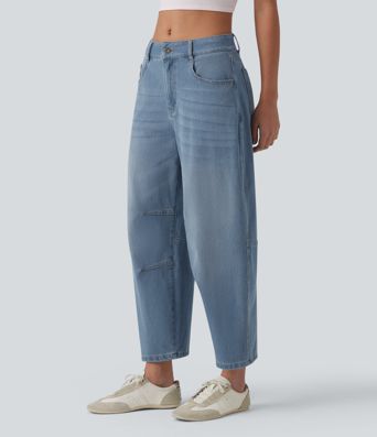Halara Flex™ Low Rise Zipper Pockets Barrel Leg Casual Jeans Halara Flex™ Low Rise Zipper Pockets Barrel Leg Casual Jeans