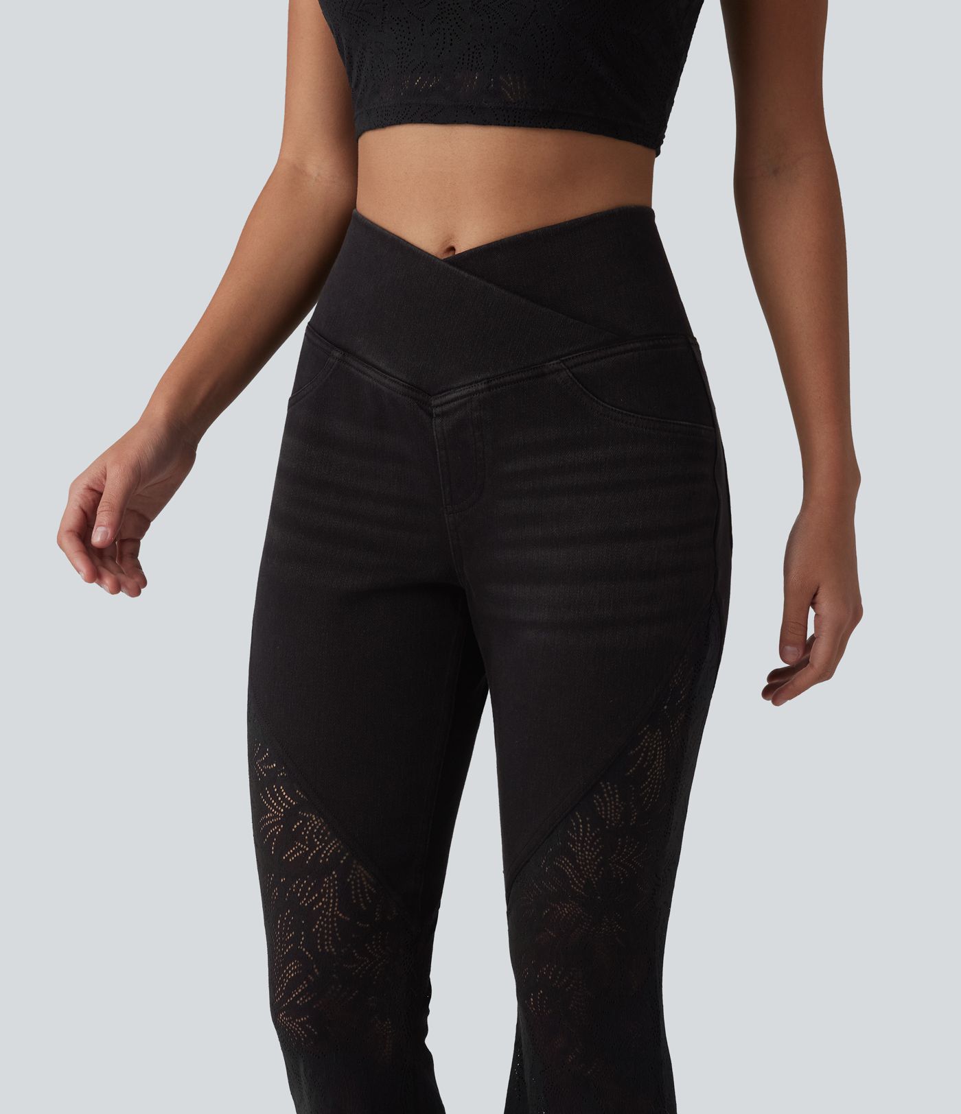 Halara Flex™ High Waisted Tummy Control Crossover Contrast Lace Flare Casual Jeans with Pockets