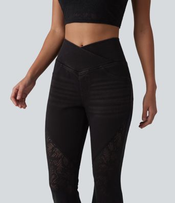 Halara Flex™ High Waisted Tummy Control Crossover Contrast Lace Flare Casual Jeans with Pockets