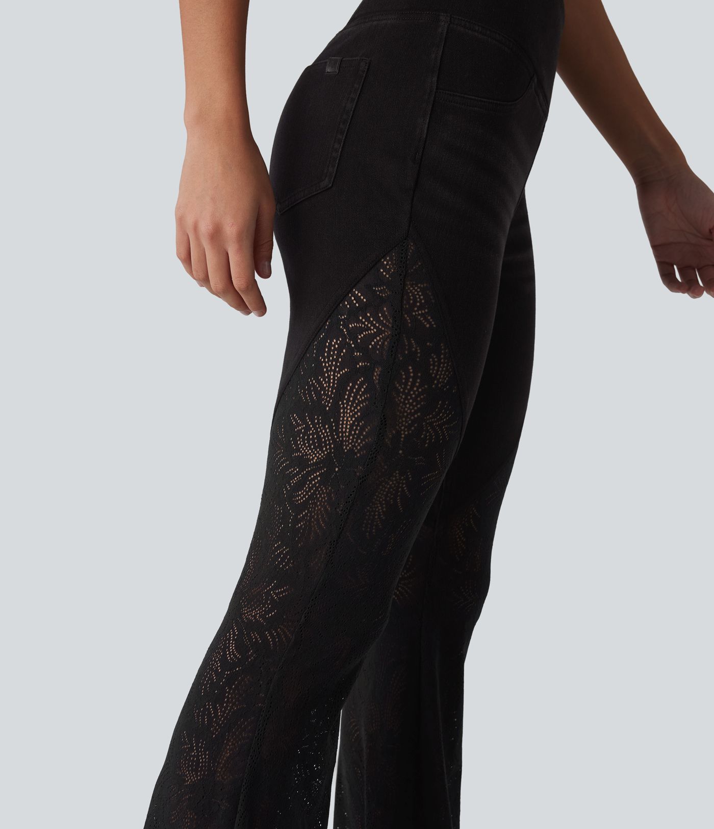 Halara Flex™ High Waisted Tummy Control Crossover Contrast Lace Flare Casual Jeans with Pockets