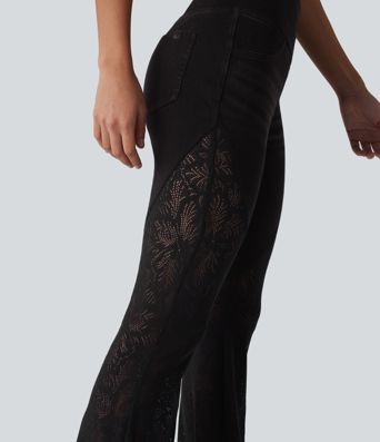 Halara Flex™ High Waisted Tummy Control Crossover Contrast Lace Flare Casual Jeans with Pockets