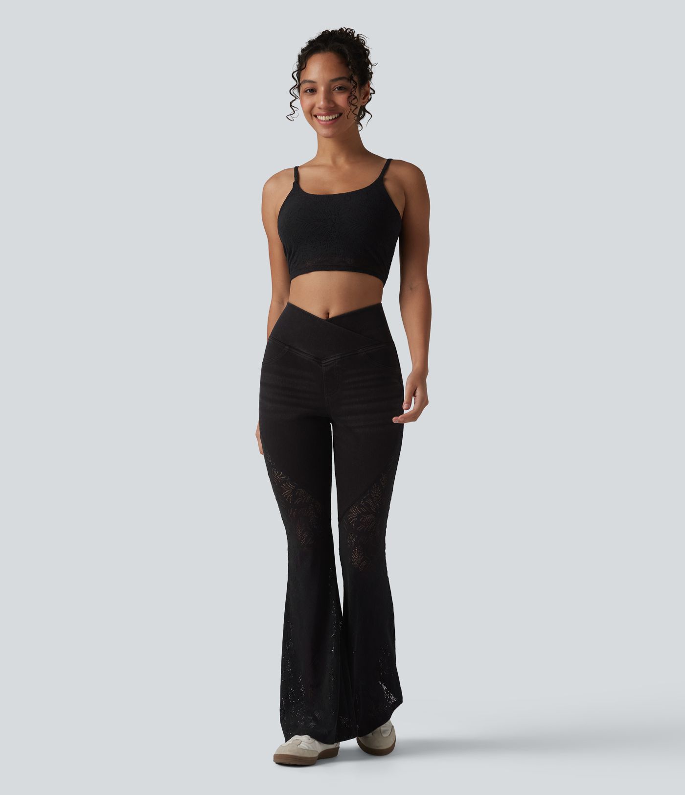 Halara Flex™ High Waisted Tummy Control Crossover Contrast Lace Flare Casual Jeans with Pockets