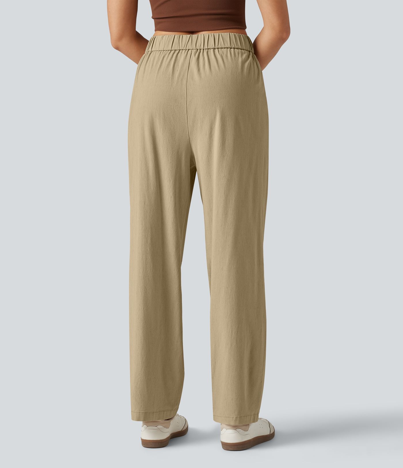 High Waisted Tapered Casual Stretch Linen Pants with Pockets