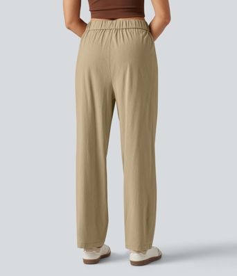 High Waisted Tapered Casual Stretch Linen Pants with Pockets