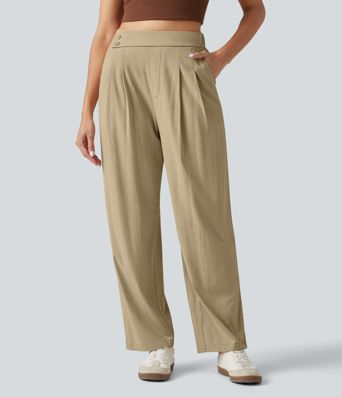 High Waisted Tapered Casual Stretch Linen Pants with Pockets
