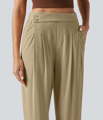 High Waisted Tapered Casual Stretch Linen Pants with Pockets