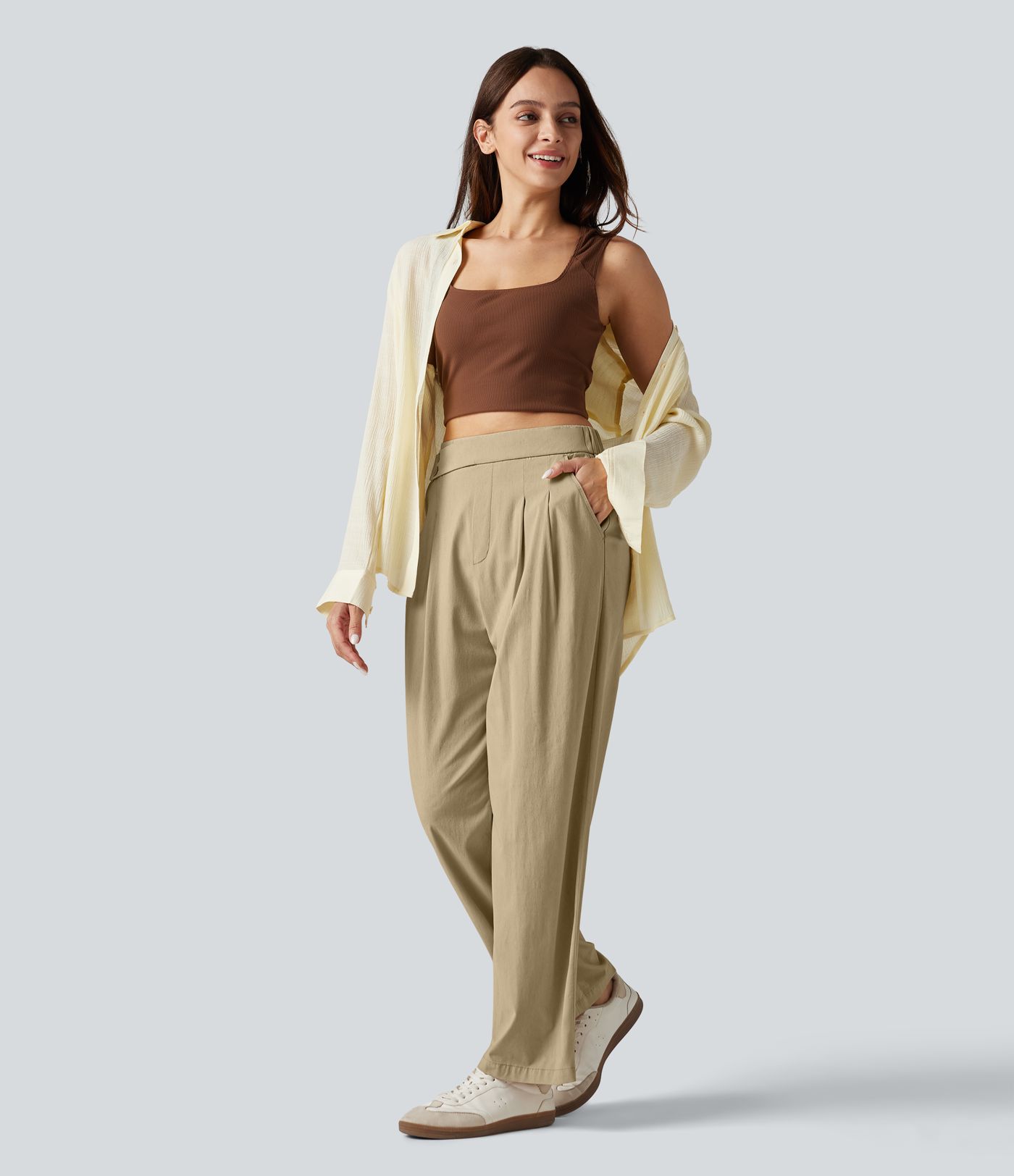 High Waisted Tapered Casual Stretch Linen Pants with Pockets