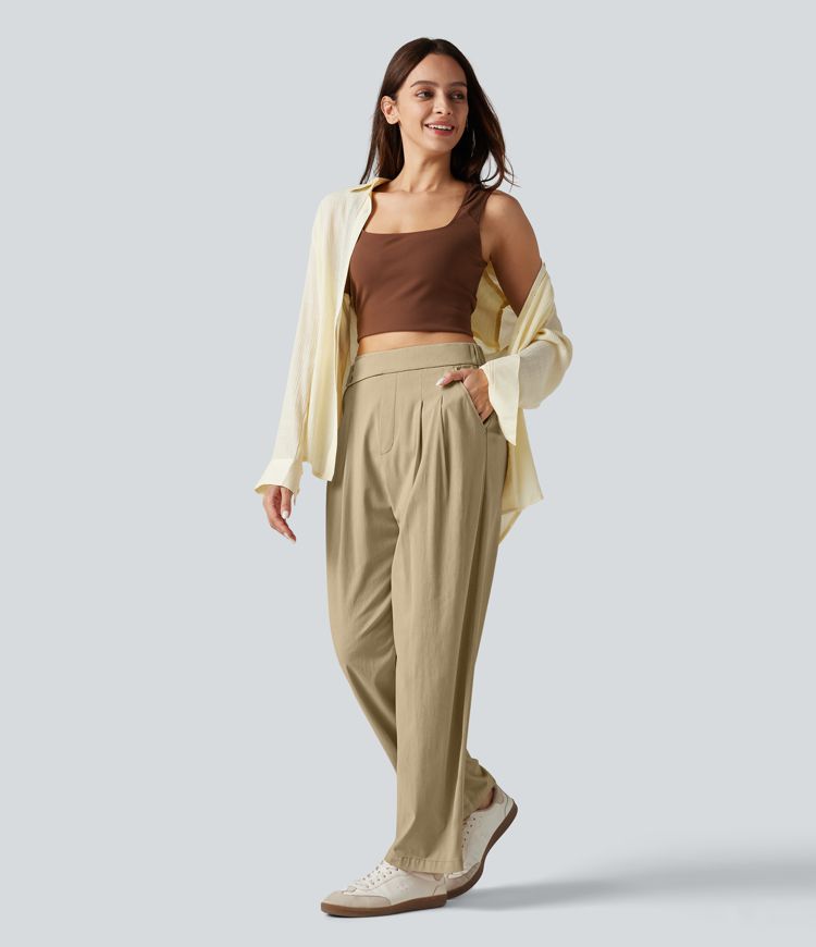 High Waisted Tapered Casual Stretch Linen Pants with Pockets