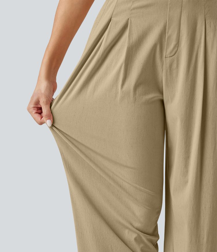 High Waisted Tapered Casual Stretch Linen Pants with Pockets
