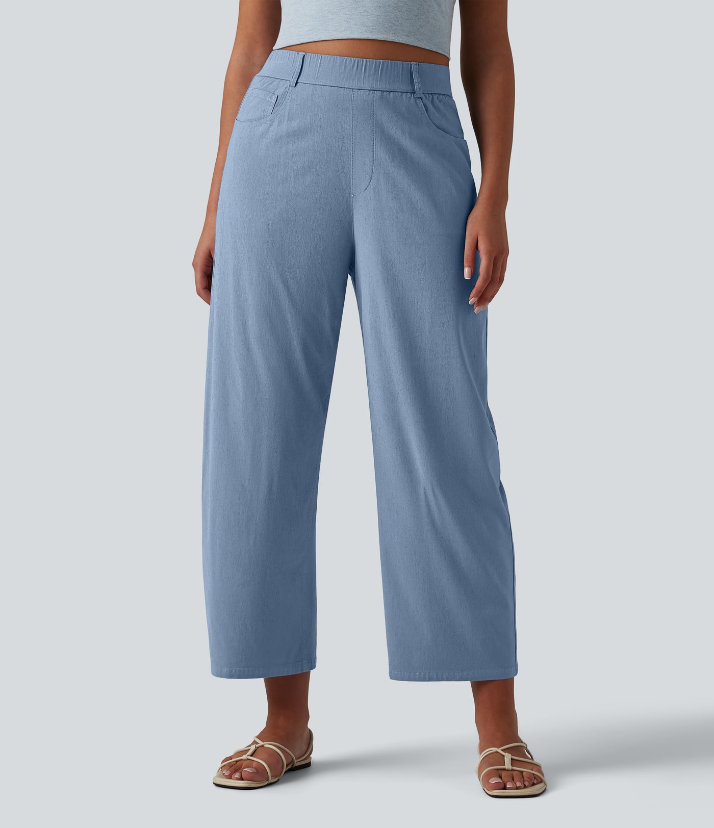 Lässige Hose aus elastischem Leinen mit hohem Bund, mehreren Taschen und Barrel-Leg