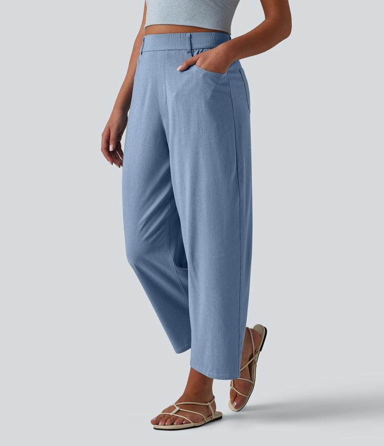 Pantalon en lin extensible taille haute, coupe ballon décontractée, avec poches Pantalon en lin extensible taille haute, coupe ballon décontractée, avec poches