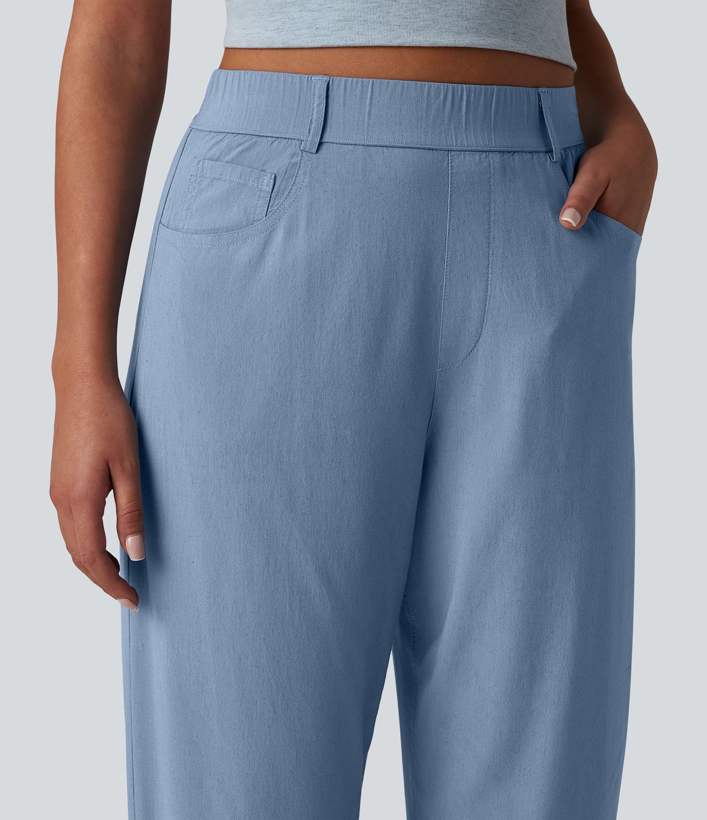 Lässige Hose aus elastischem Leinen mit hohem Bund, mehreren Taschen und Barrel-Leg