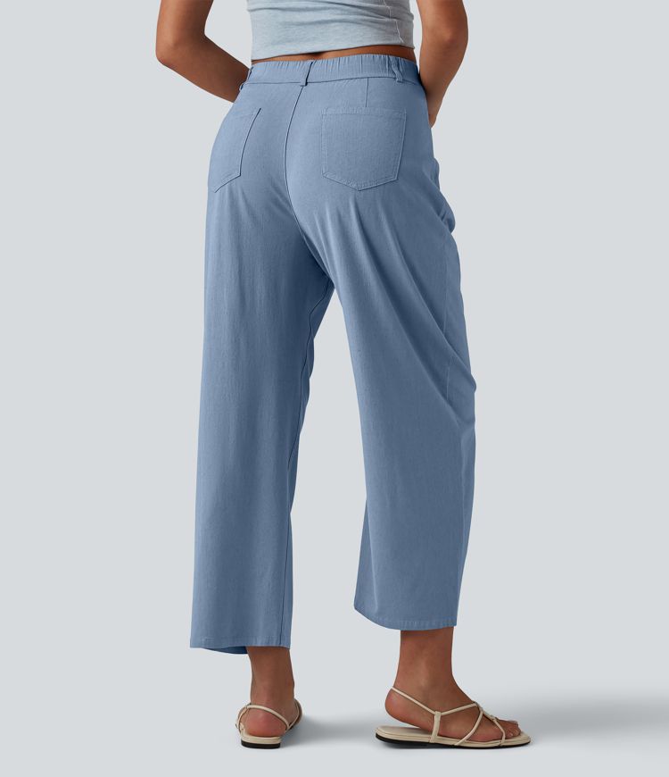 Lässige Hose aus elastischem Leinen mit hohem Bund, mehreren Taschen und Barrel-Leg