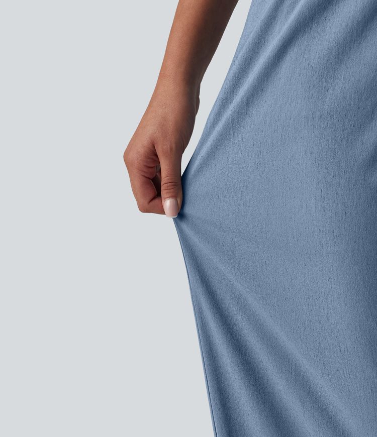 Lässige Hose aus elastischem Leinen mit hohem Bund, mehreren Taschen und Barrel-Leg