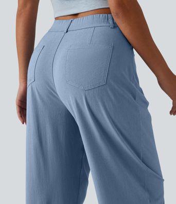 Lässige Hose aus elastischem Leinen mit hohem Bund, mehreren Taschen und Barrel-Leg