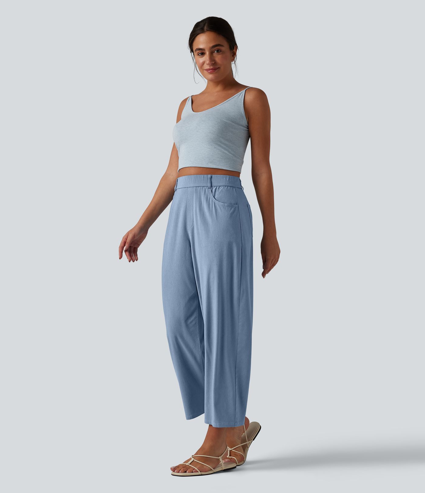 Lässige Hose aus elastischem Leinen mit hohem Bund, mehreren Taschen und Barrel-Leg