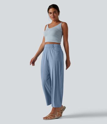 Lässige Hose aus elastischem Leinen mit hohem Bund, mehreren Taschen und Barrel-Leg