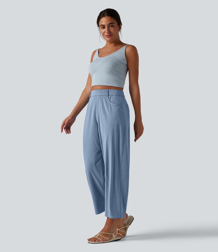 Lässige Hose aus elastischem Leinen mit hohem Bund, mehreren Taschen und Barrel-Leg