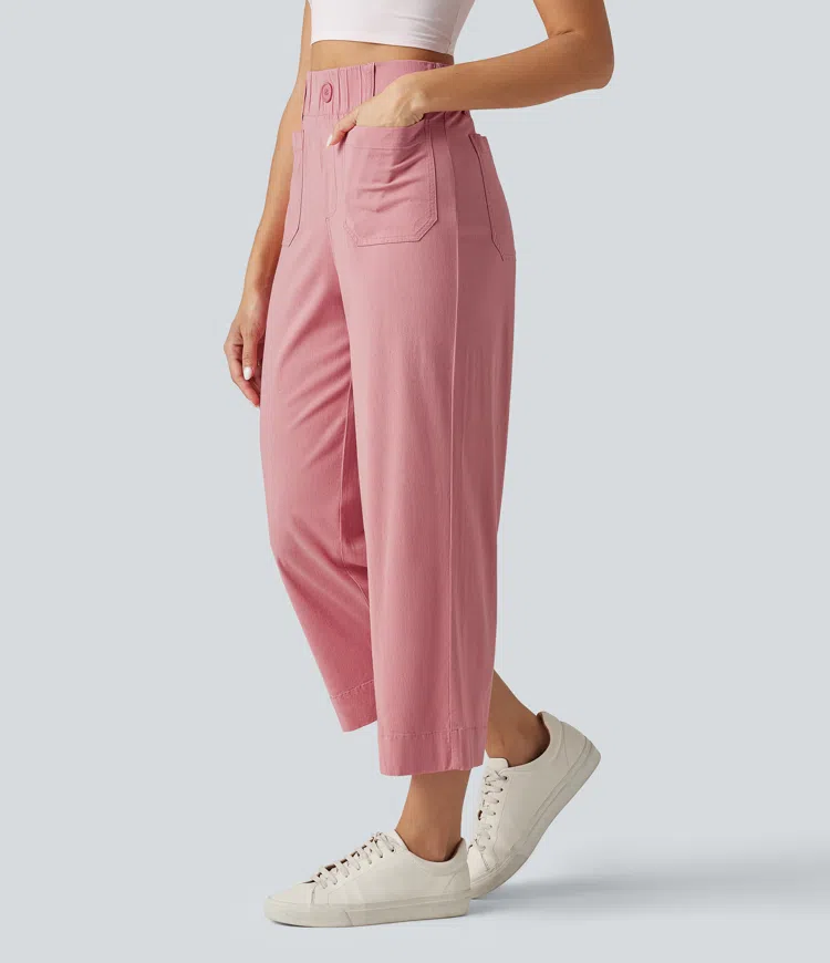 High Waisted Wide Leg Cropped Casual Stretch Linen Pants with Pockets