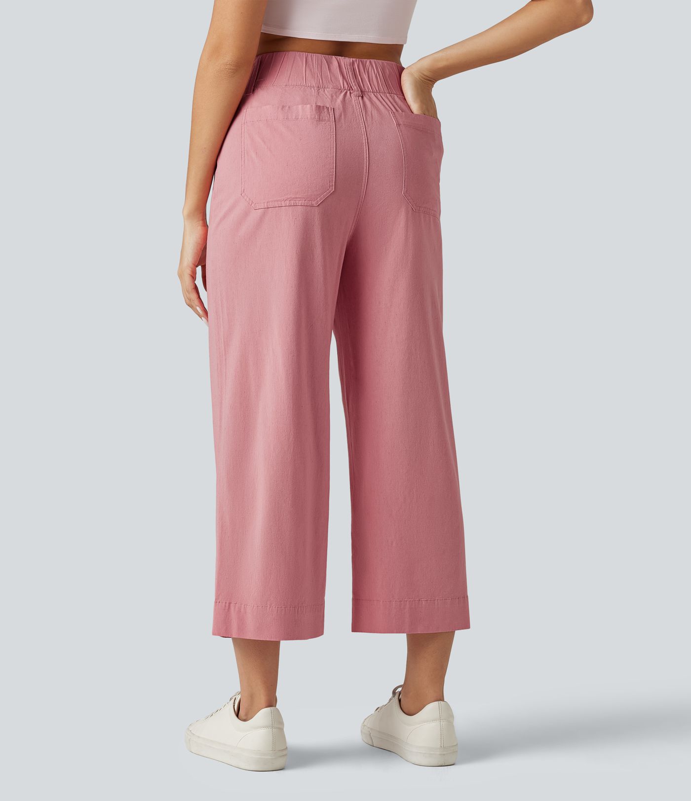 Pantalon large fluide court décontracté taille haute en lin stretch avec poches
