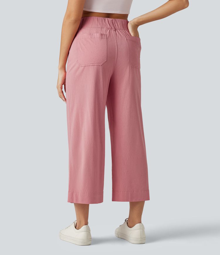 Pantalon large fluide court décontracté taille haute en lin stretch avec poches