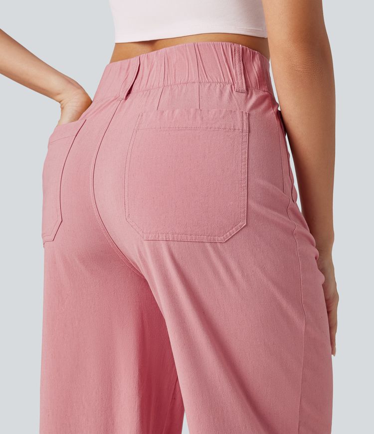 Pantalon large fluide court décontracté taille haute en lin stretch avec poches