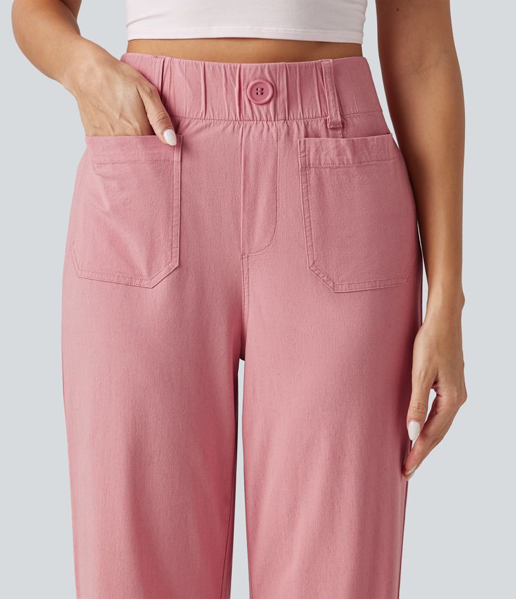 Pantalon large fluide court décontracté taille haute en lin stretch avec poches