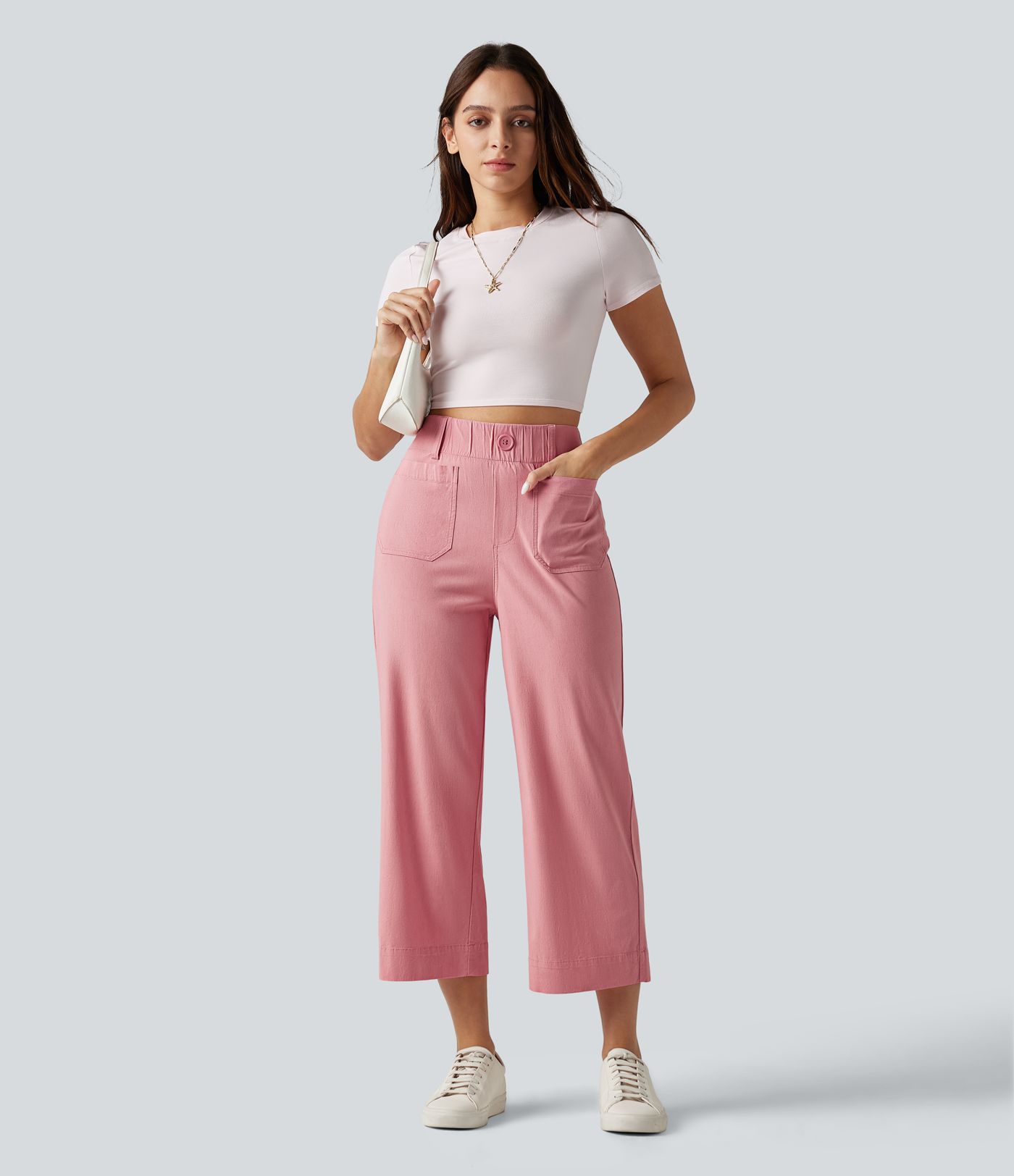 Pantalon large fluide court décontracté taille haute en lin stretch avec poches