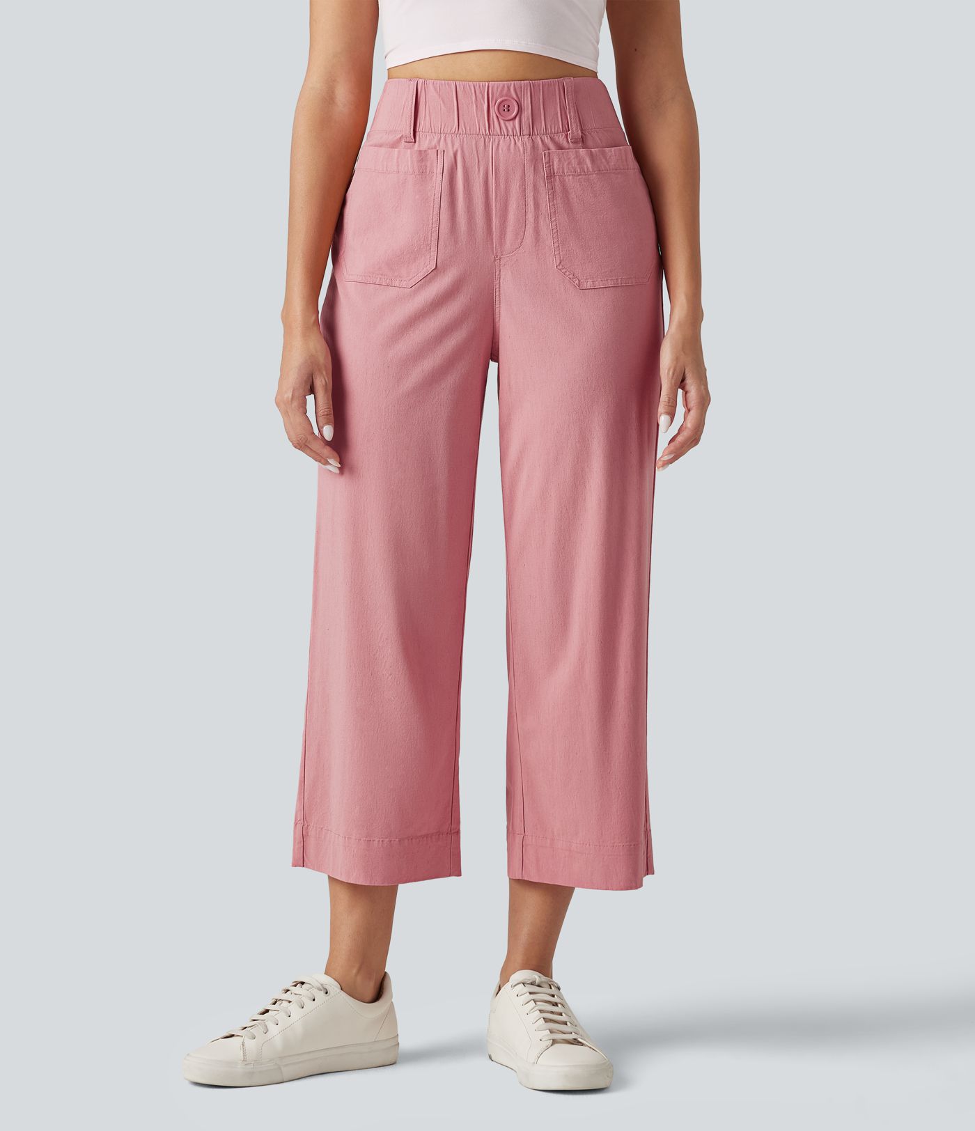 Pantalon large fluide court décontracté taille haute en lin stretch avec poches