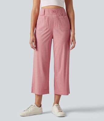 Pantalon large fluide court décontracté taille haute en lin stretch avec poches