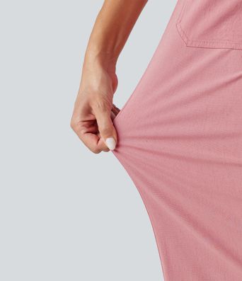 Pantalon large fluide court décontracté taille haute en lin stretch avec poches