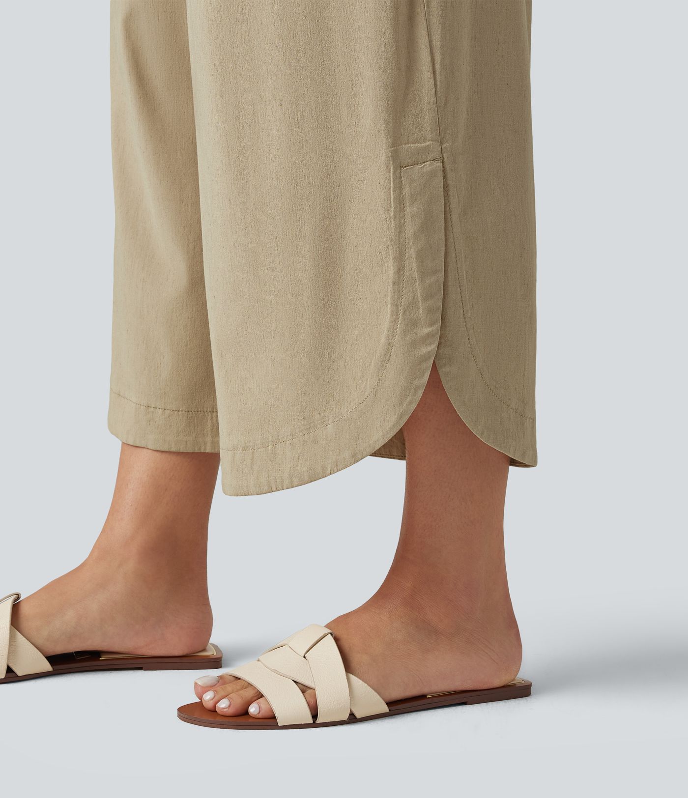 Pantalon large fluide casual raccourci taille haute avec ourlet arrondi, tissu extensible aspect lin et poches