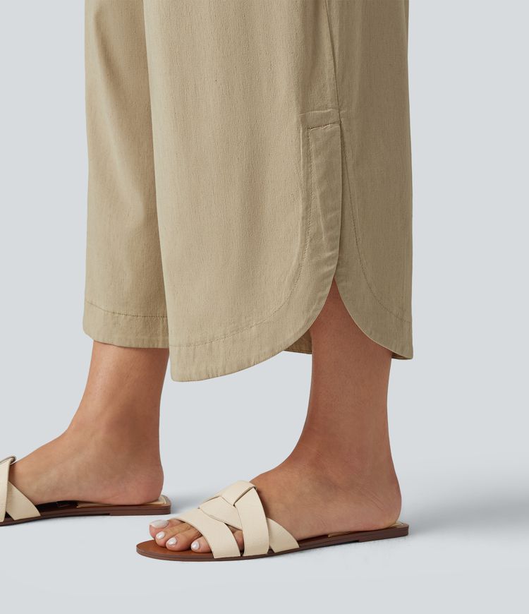 Pantalon large fluide casual raccourci taille haute avec ourlet arrondi, tissu extensible aspect lin et poches