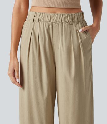 Pantalon large fluide casual raccourci taille haute avec ourlet arrondi, tissu extensible aspect lin et poches