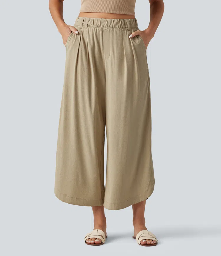 High Waisted Wide Leg Curved Hem Cropped Casual Stretch Linen Pants with Pockets