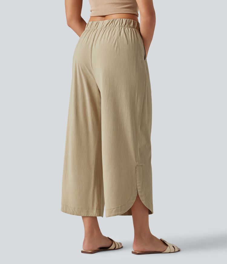 Pantalon large fluide casual raccourci taille haute avec ourlet arrondi, tissu extensible aspect lin et poches