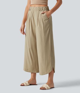 Pantalon large fluide casual raccourci taille haute avec ourlet arrondi, tissu extensible aspect lin et poches