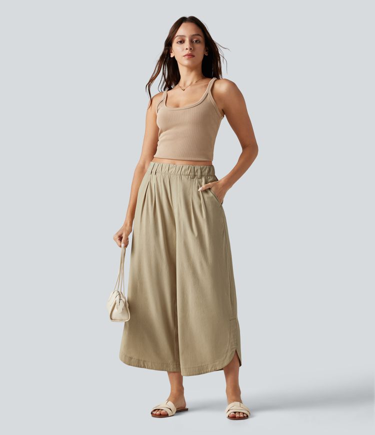 Pantalon large fluide casual raccourci taille haute avec ourlet arrondi, tissu extensible aspect lin et poches