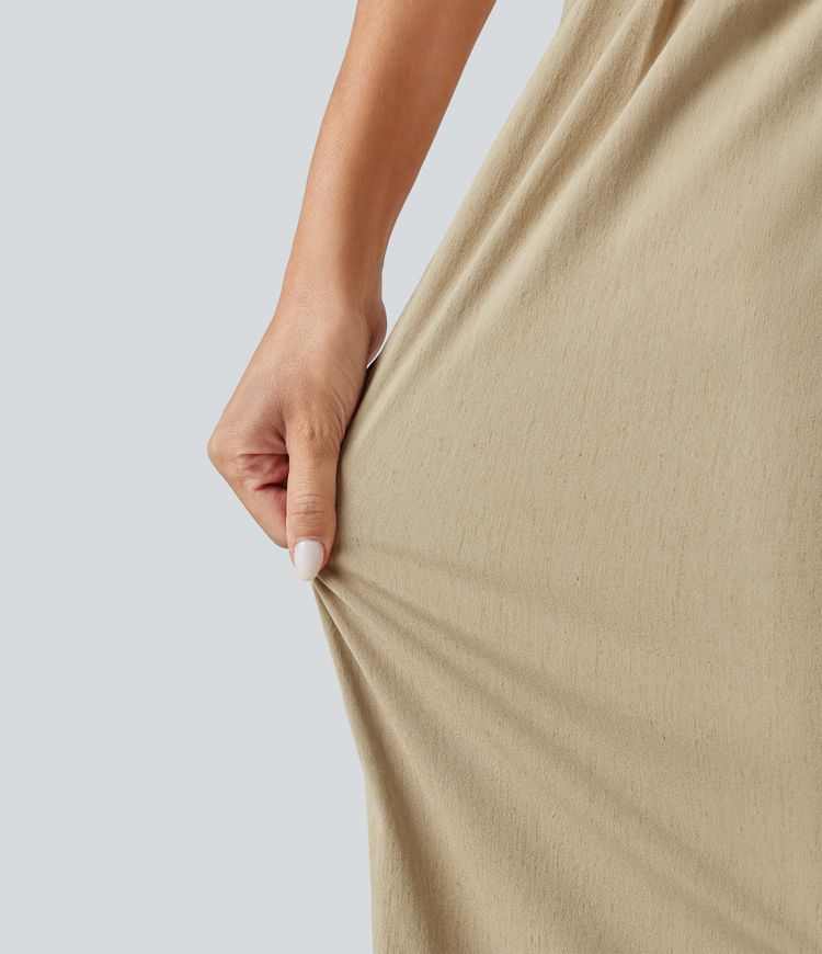 Pantalon large fluide casual raccourci taille haute avec ourlet arrondi, tissu extensible aspect lin et poches