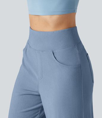 High Waisted Tummy Control Wide Leg Casual Stretch Linen Pants with Pockets