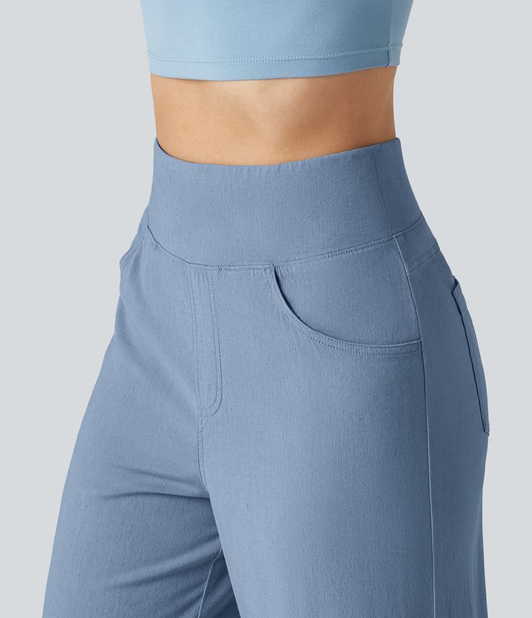 High Waisted Tummy Control Wide Leg Casual Stretch Linen Pants with Pockets