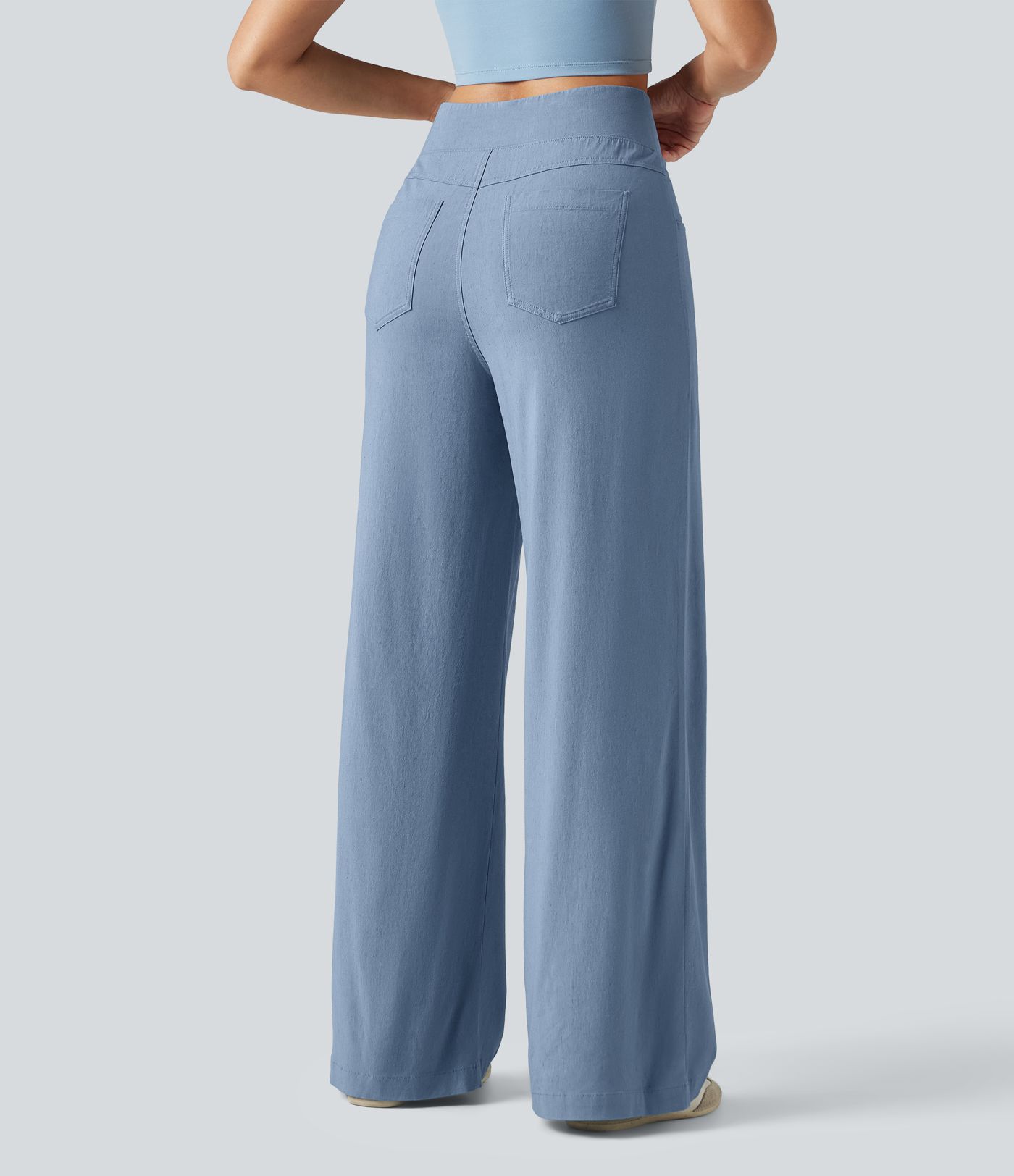 High Waisted Tummy Control Wide Leg Casual Stretch Linen Pants with Pockets
